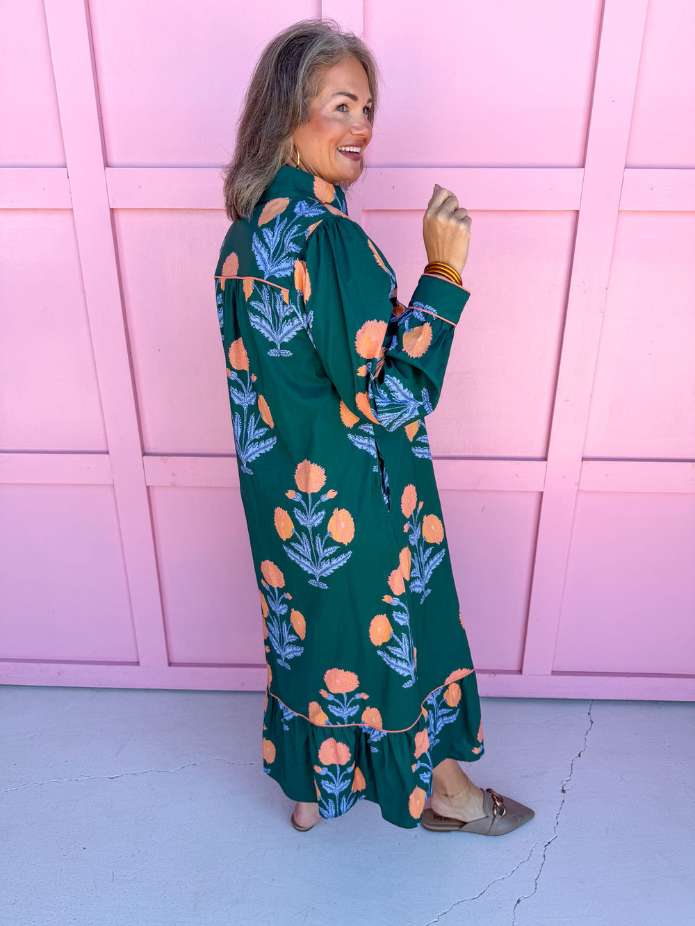 womens boutique dress hunter green coral floral print long sleeve midi length jincy's