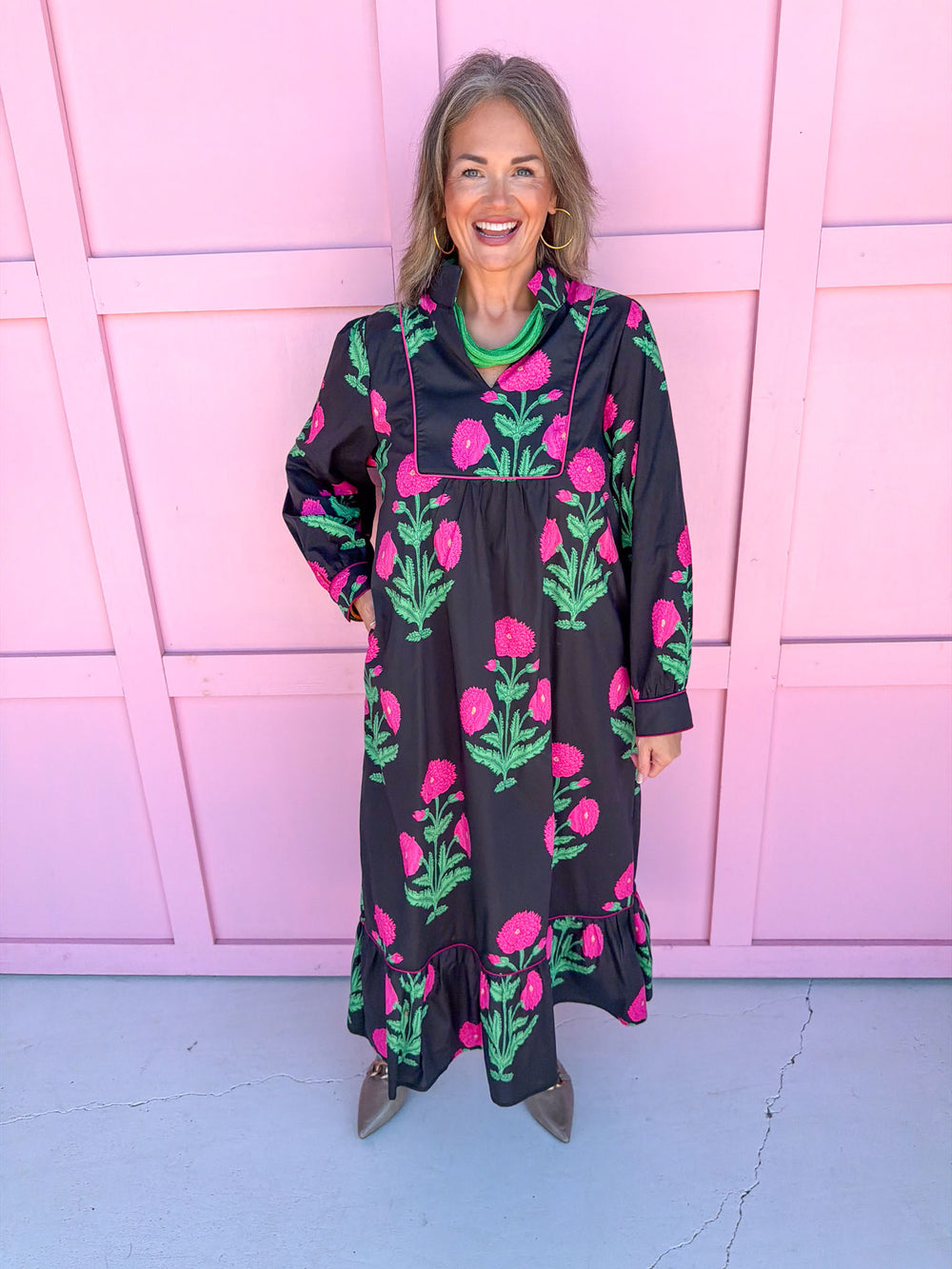 womens boutique dress black pink floral print long sleeve midi length jincy's