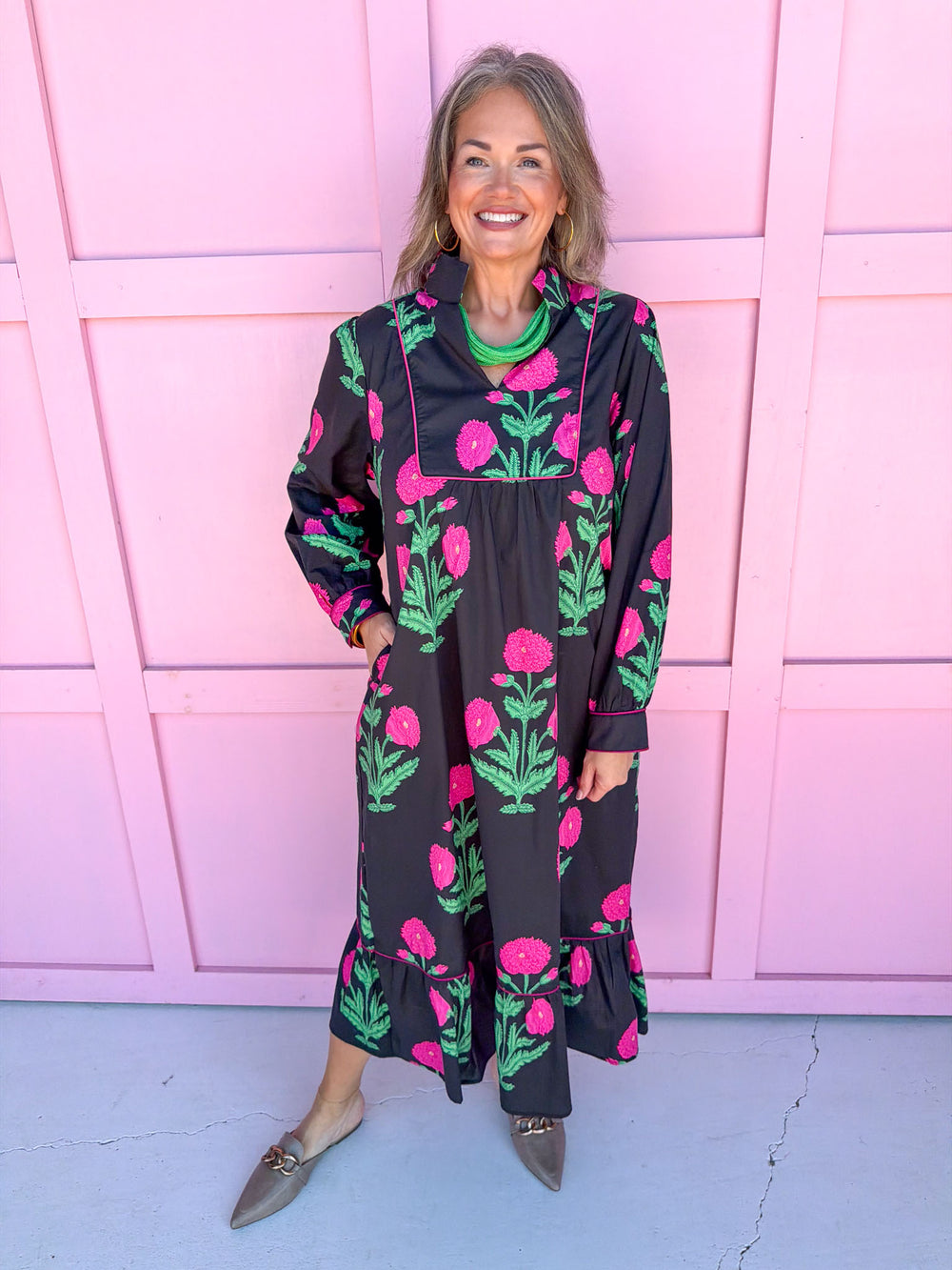 womens boutique dress black pink floral print long sleeve midi length jincy's