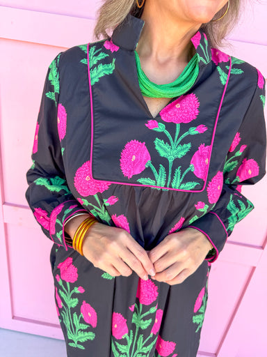 womens boutique dress black pink floral print long sleeve midi length jincy's