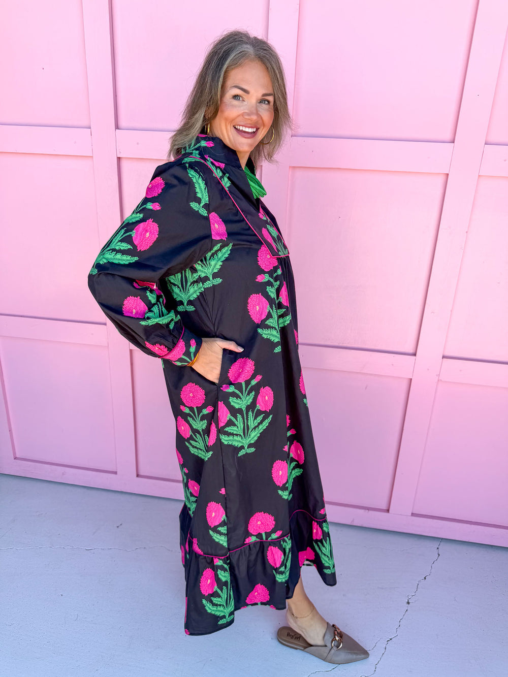 womens boutique dress black pink floral print long sleeve midi length jincy's