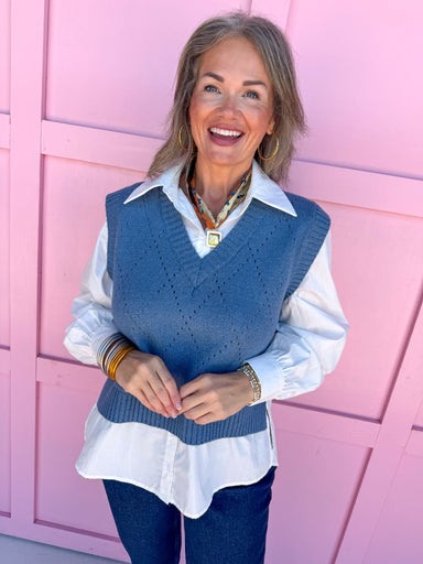 womens boutique sweater vest top blue white collar jincy's