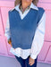 womens boutique sweater vest top blue white collar jincy's