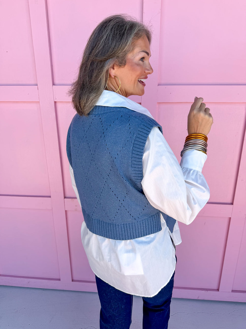 womens boutique sweater vest top blue white collar jincy's