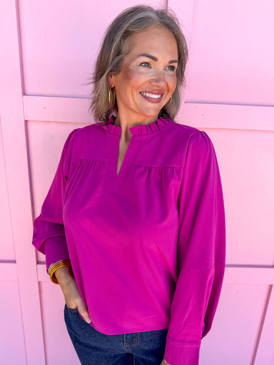 womens boutique long sleeve magenta v neck ruffle collar jincy's 