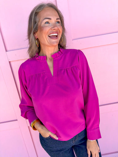 womens boutique long sleeve magenta v neck ruffle collar jincy's 