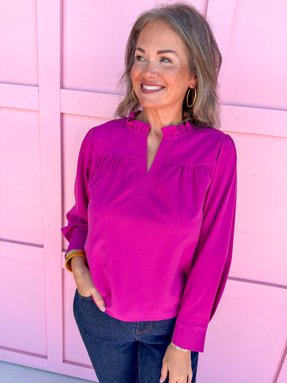 womens boutique long sleeve magenta v neck ruffle collar jincy's 