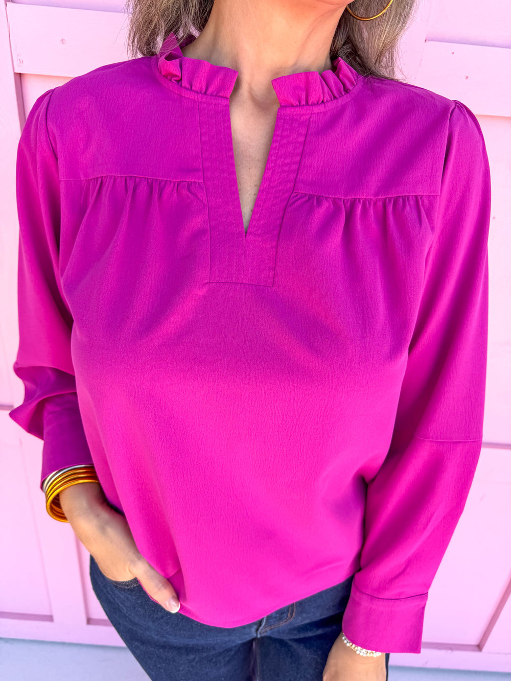 womens boutique long sleeve magenta v neck ruffle collar jincy's 