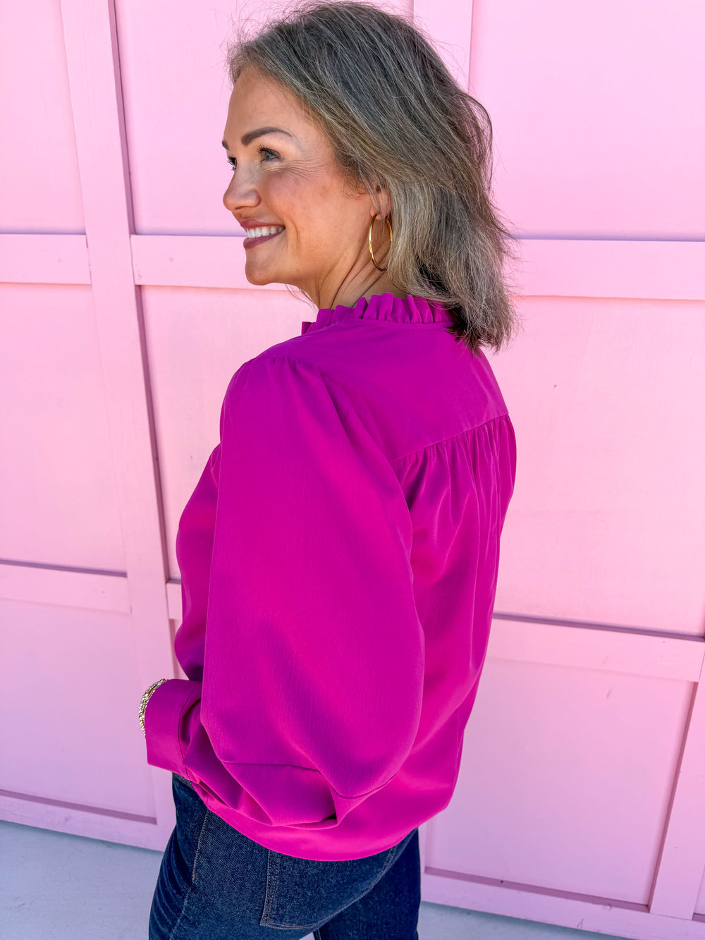 womens boutique long sleeve magenta v neck ruffle collar jincy's 