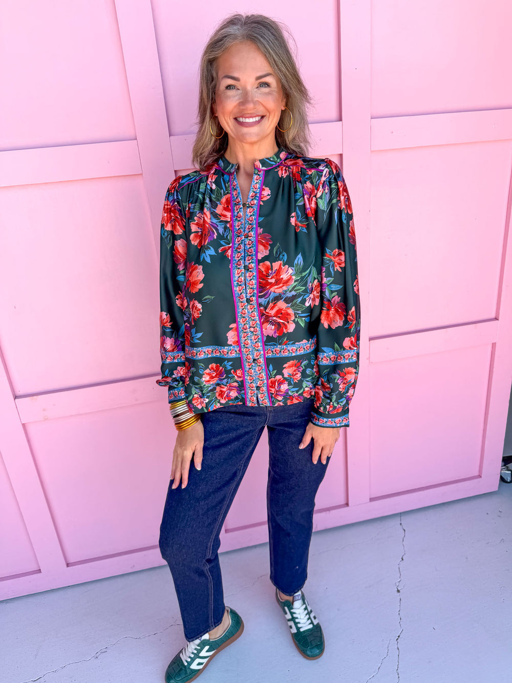 womens boutique button up top long sleeve satin floral print jincy's