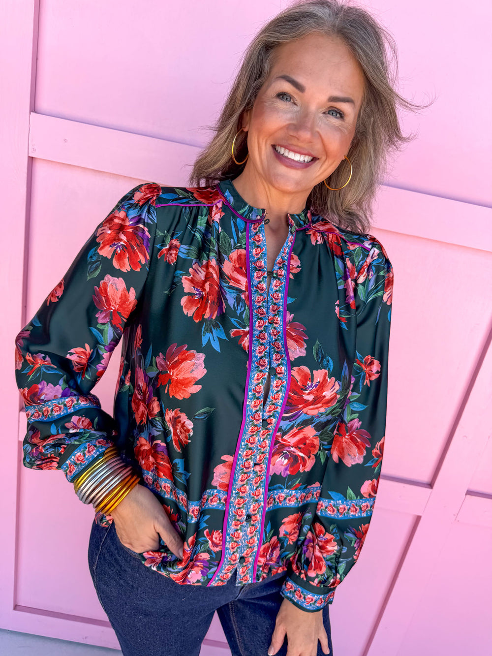 womens boutique button up top long sleeve satin floral print jincy's