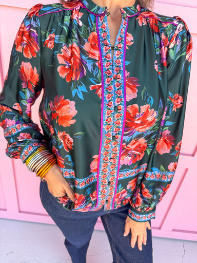 womens boutique button up top long sleeve satin floral print jincy's