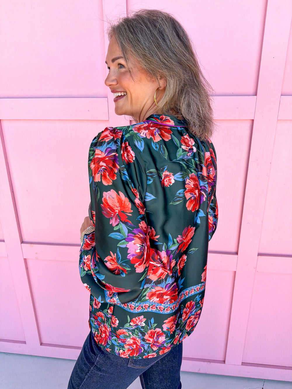 womens boutique button up top long sleeve satin floral print jincy's