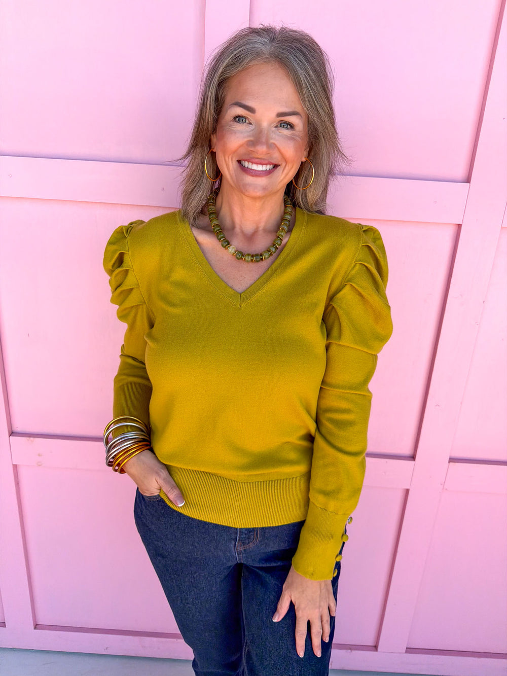 womens boutique top chartreuse puff sleeves long sleeves v-neck jincy's