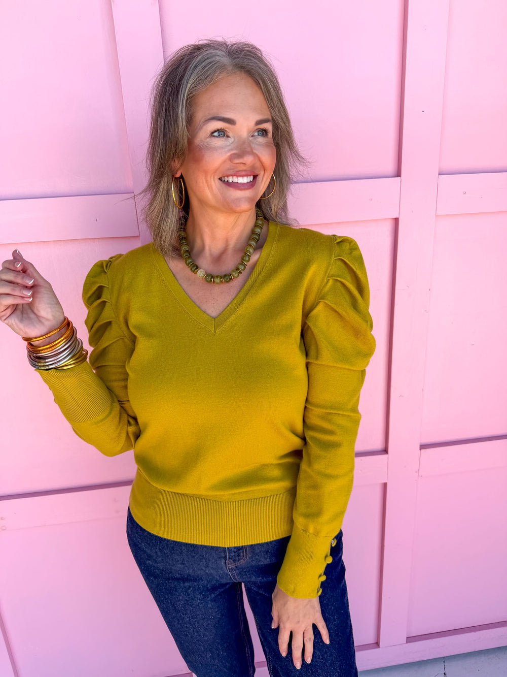 womens boutique top chartreuse puff sleeves long sleeves v-neck jincy's