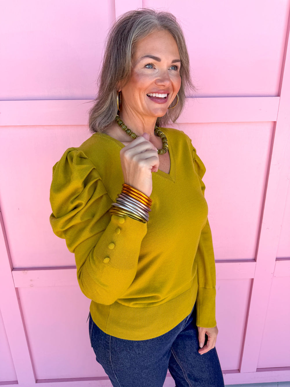 womens boutique top chartreuse puff sleeves long sleeves v-neck jincy's