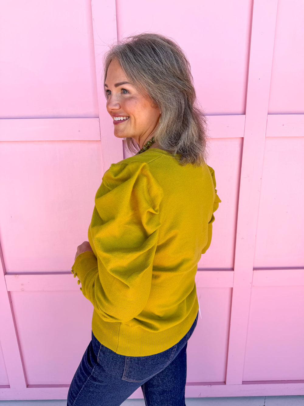 womens boutique top chartreuse puff sleeves long sleeves v-neck jincy's