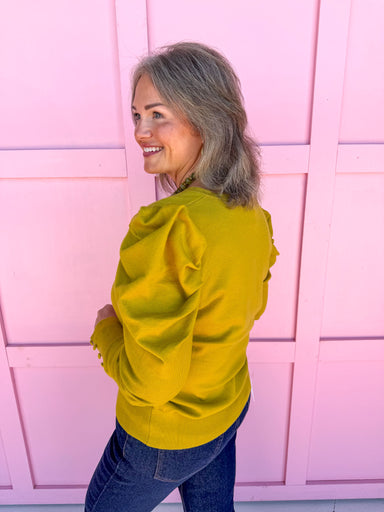 womens boutique top chartreuse puff sleeves long sleeves v-neck jincy's