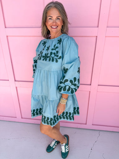 womens boutique dress mini length embroidered detail blue and green jincy's