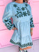 womens boutique dress mini length embroidered detail blue and green jincy's