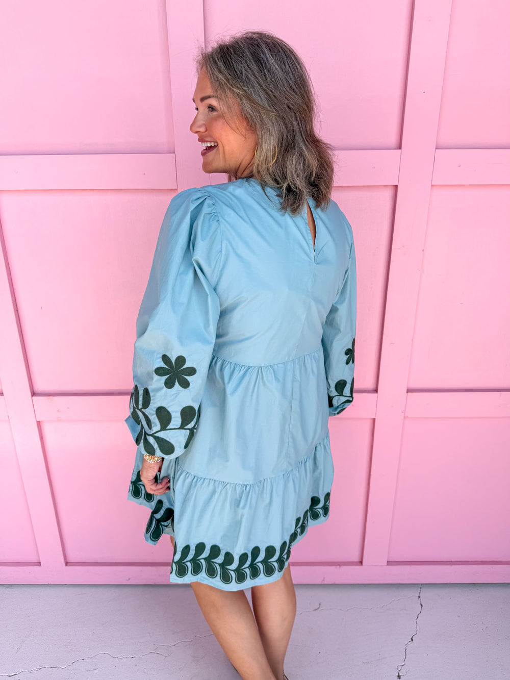 womens boutique dress mini length embroidered detail blue and green jincy's