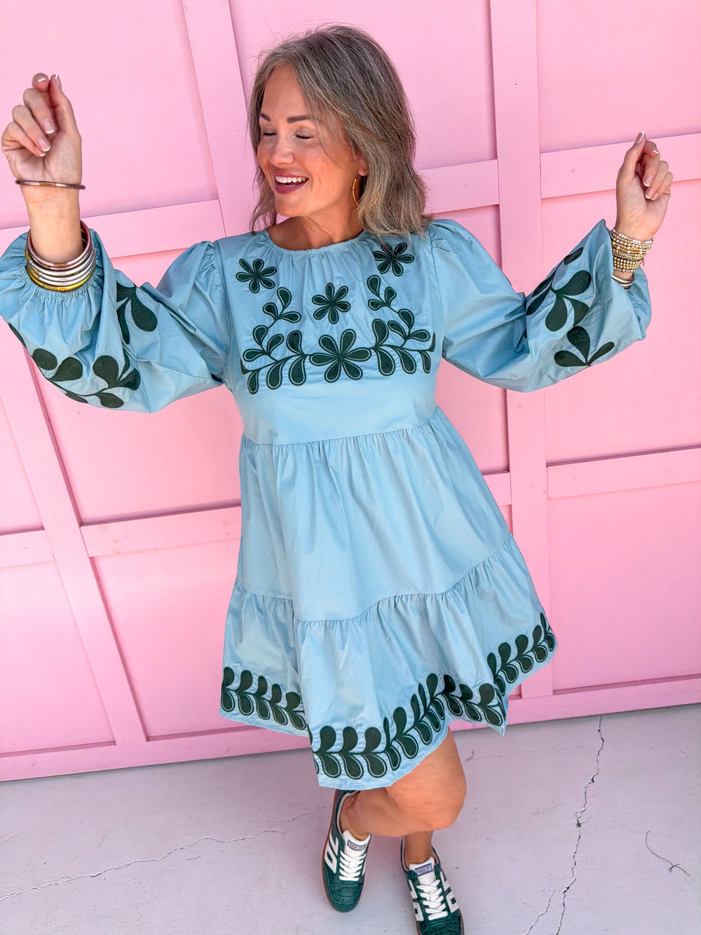 womens boutique dress mini length embroidered detail blue and green jincy's