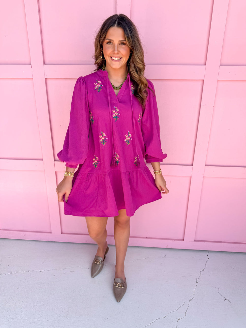 womens boutique dress tiered embroidered floral pattern has pockets fall magenta jincy's