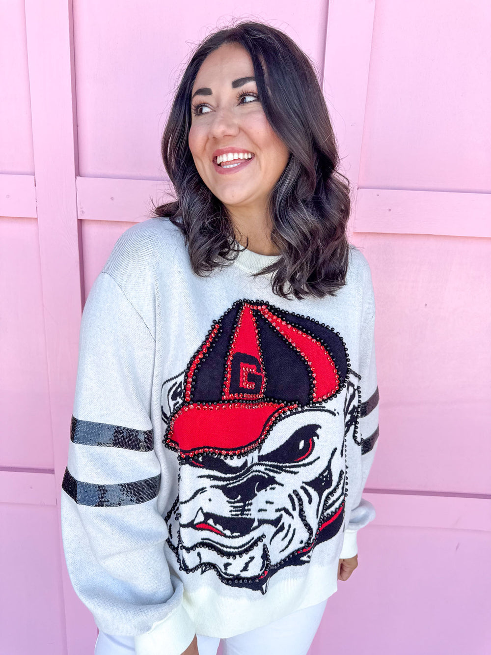 QUEEN OF SPARKLES UGA® Oversized Mascot Sweater Women's Boutique Jincy's 