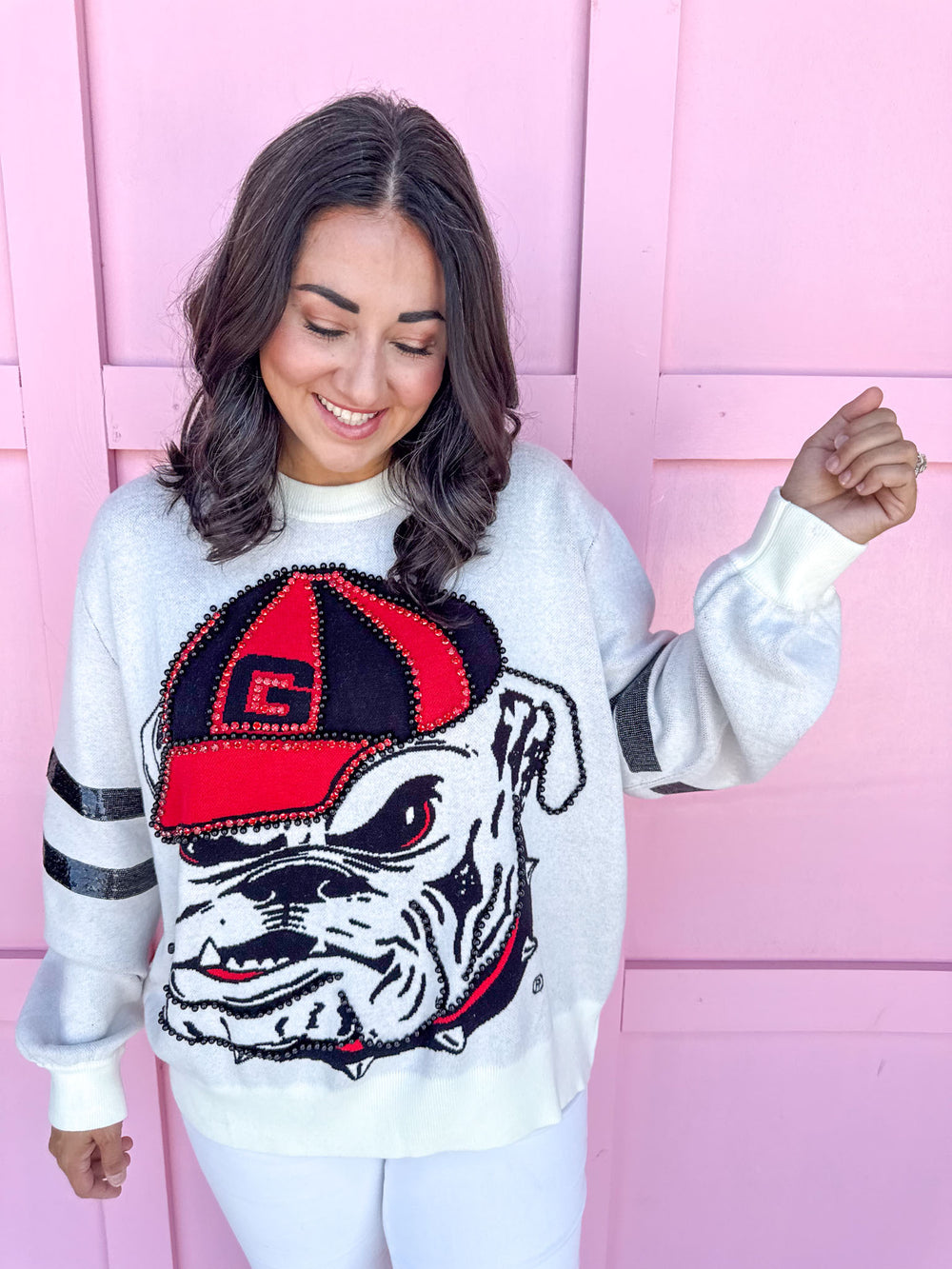 QUEEN OF SPARKLES UGA® Oversized Mascot Sweater Women's Boutique Jincy's 