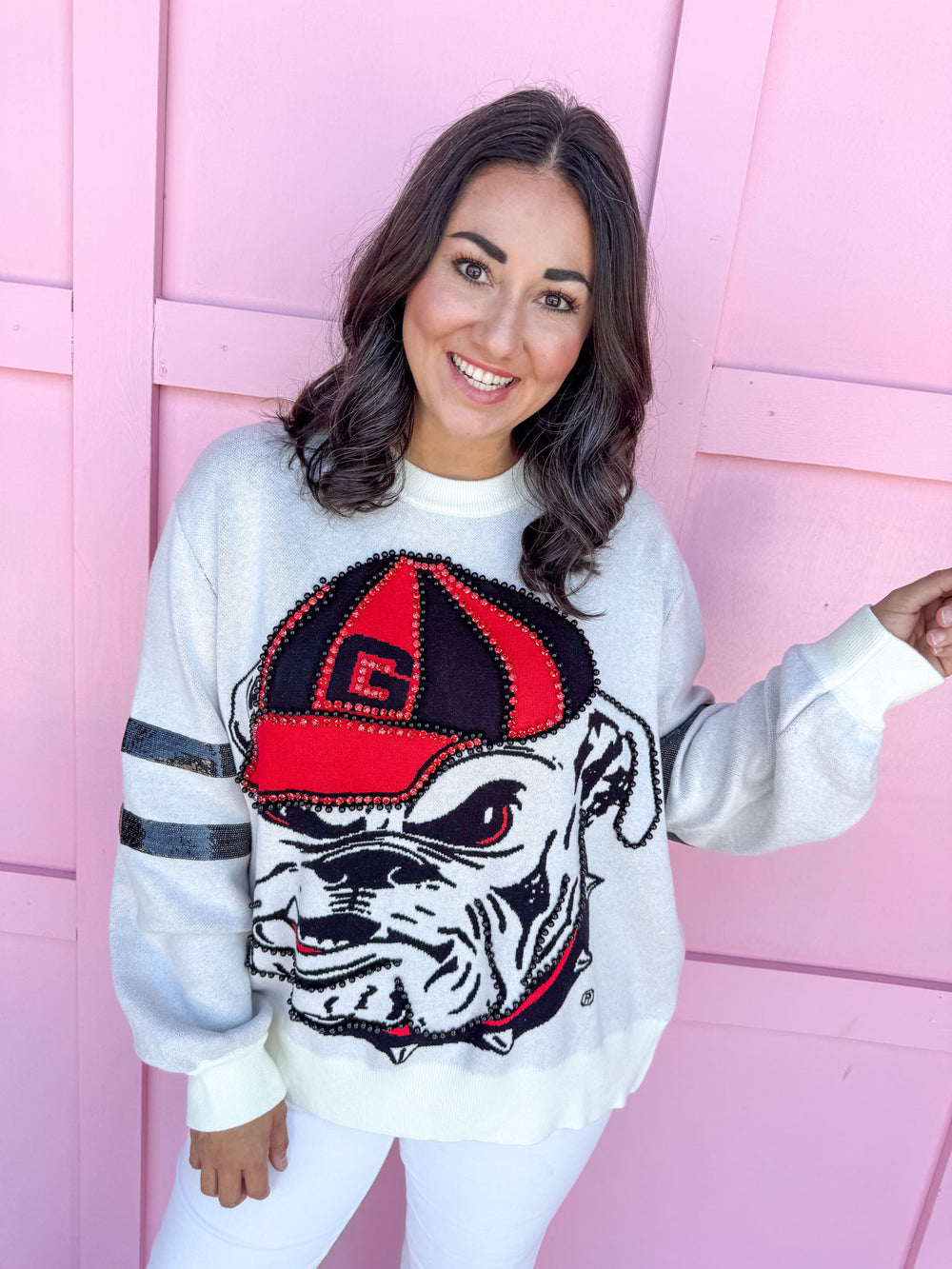 QUEEN OF SPARKLES UGA® Oversized Mascot Sweater Women's Boutique Jincy's 