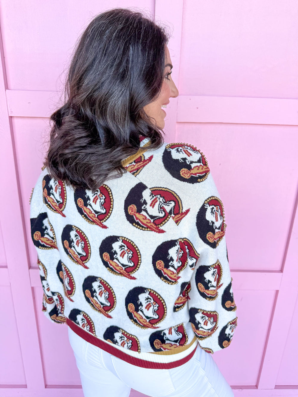 QUEEN OF SPARKLES Florida State® Knit Mascot Cardigan FSU Seminoles womens boutique Jincy's