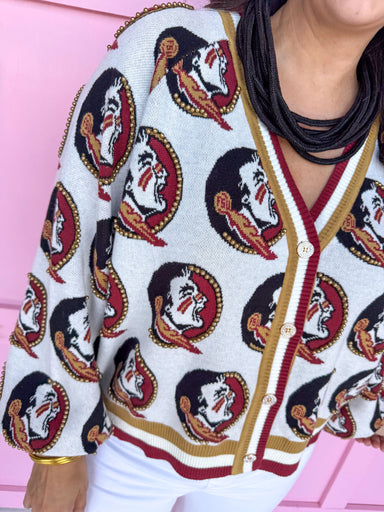 QUEEN OF SPARKLES Florida State® Knit Mascot Cardigan FSU Seminoles womens boutique Jincy's