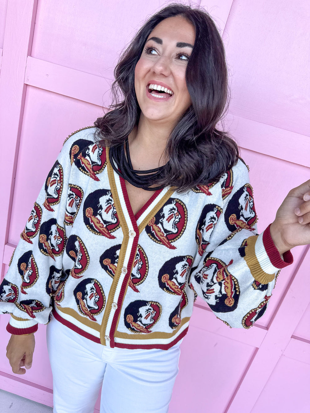 QUEEN OF SPARKLES Florida State® Knit Mascot Cardigan FSU Seminoles womens boutique Jincy's