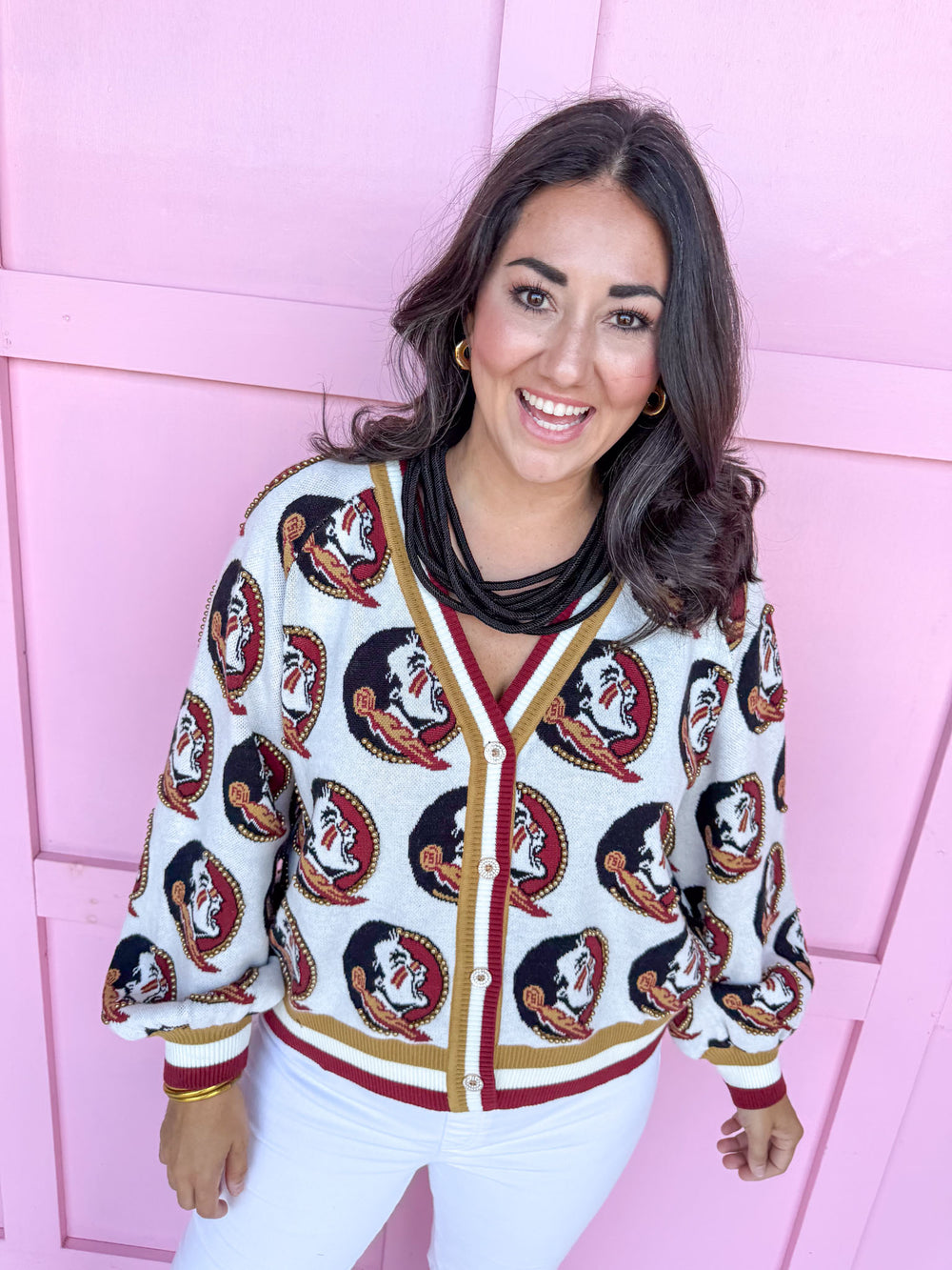 QUEEN OF SPARKLES Florida State® Knit Mascot Cardigan FSU Seminoles womens boutique Jincy's