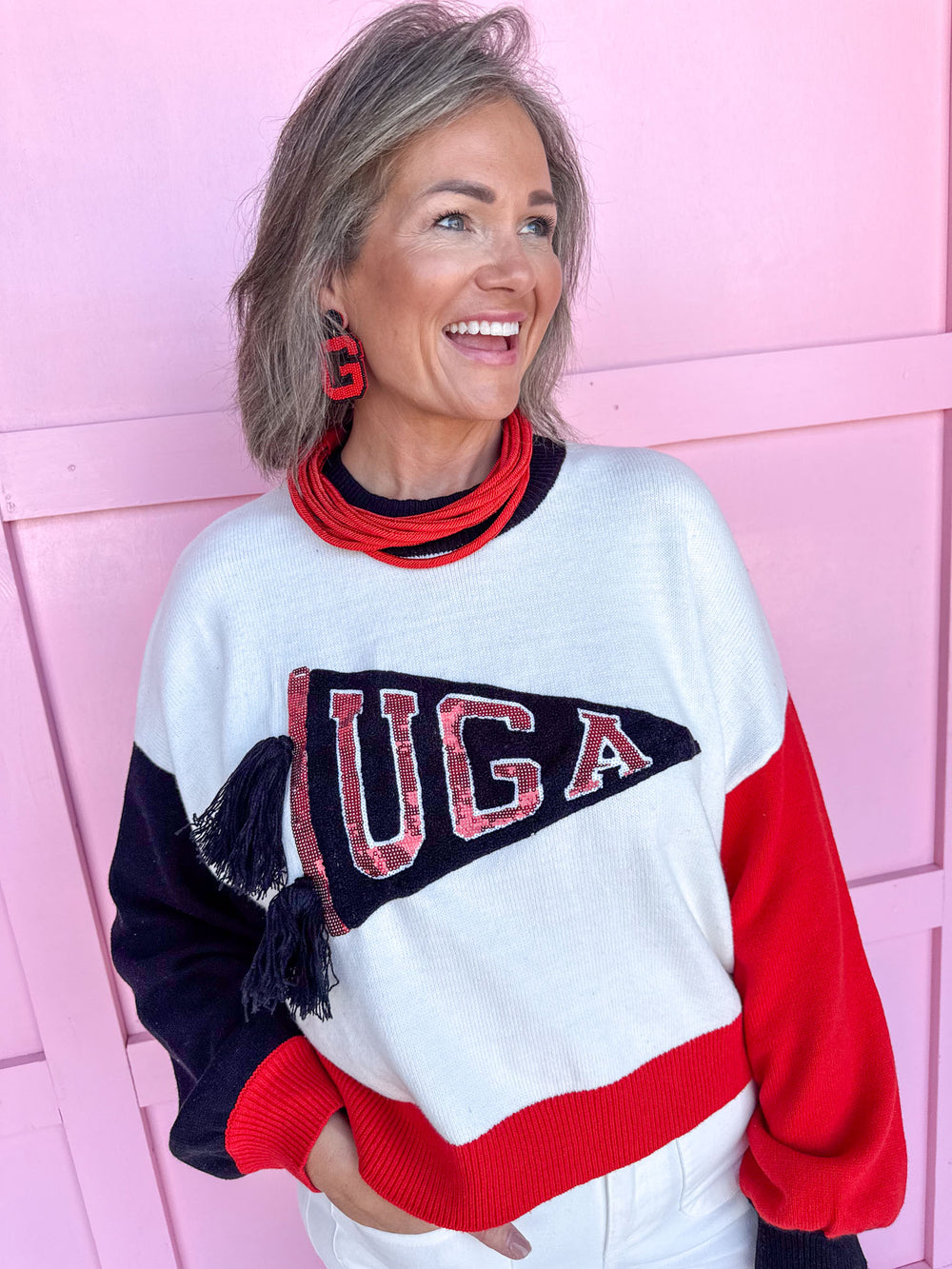 QUEEN OF SPARKLES UGA® Pennant Sweater Bulldogs Dawgs womens boutique Jincy's 