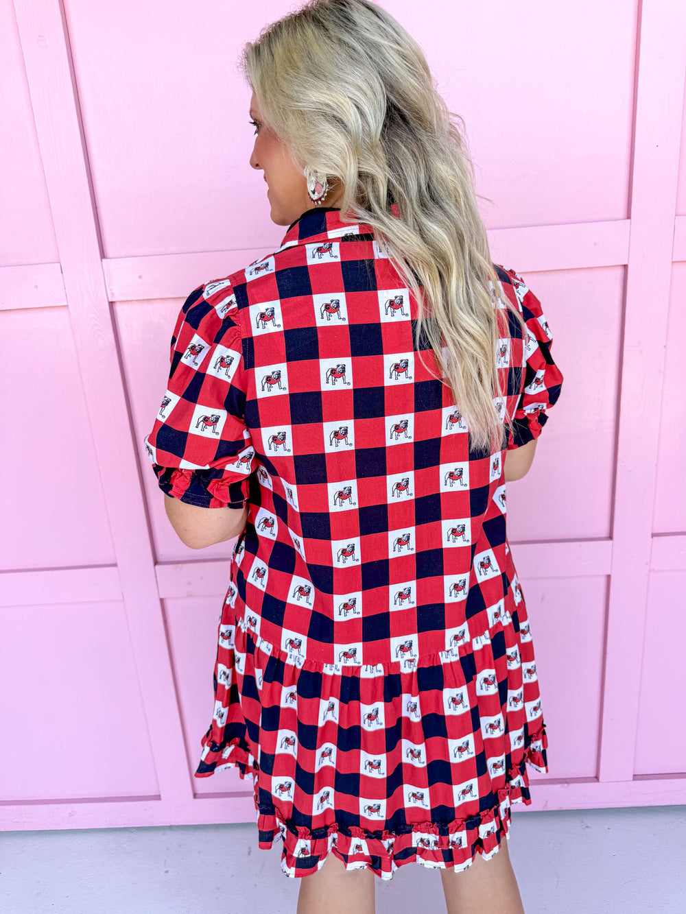 Stewart Simmons Gingham Ruffle Dress Georgia® UGA Bulldogs Dawgs midi womens boutique Jincy's 