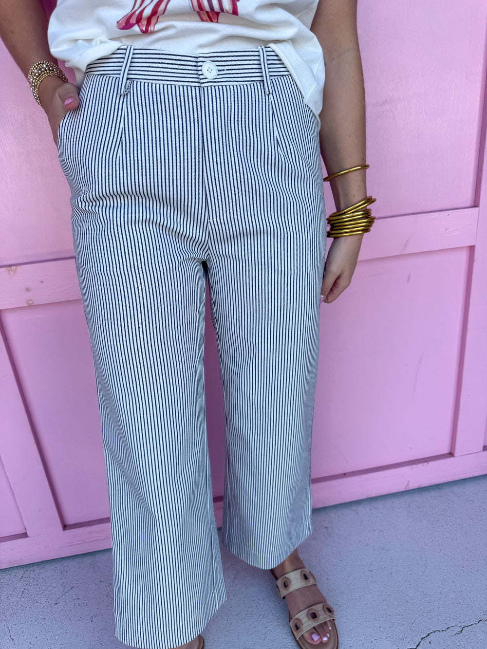 Classic Hickory Stripe Wide Leg Pants - Black