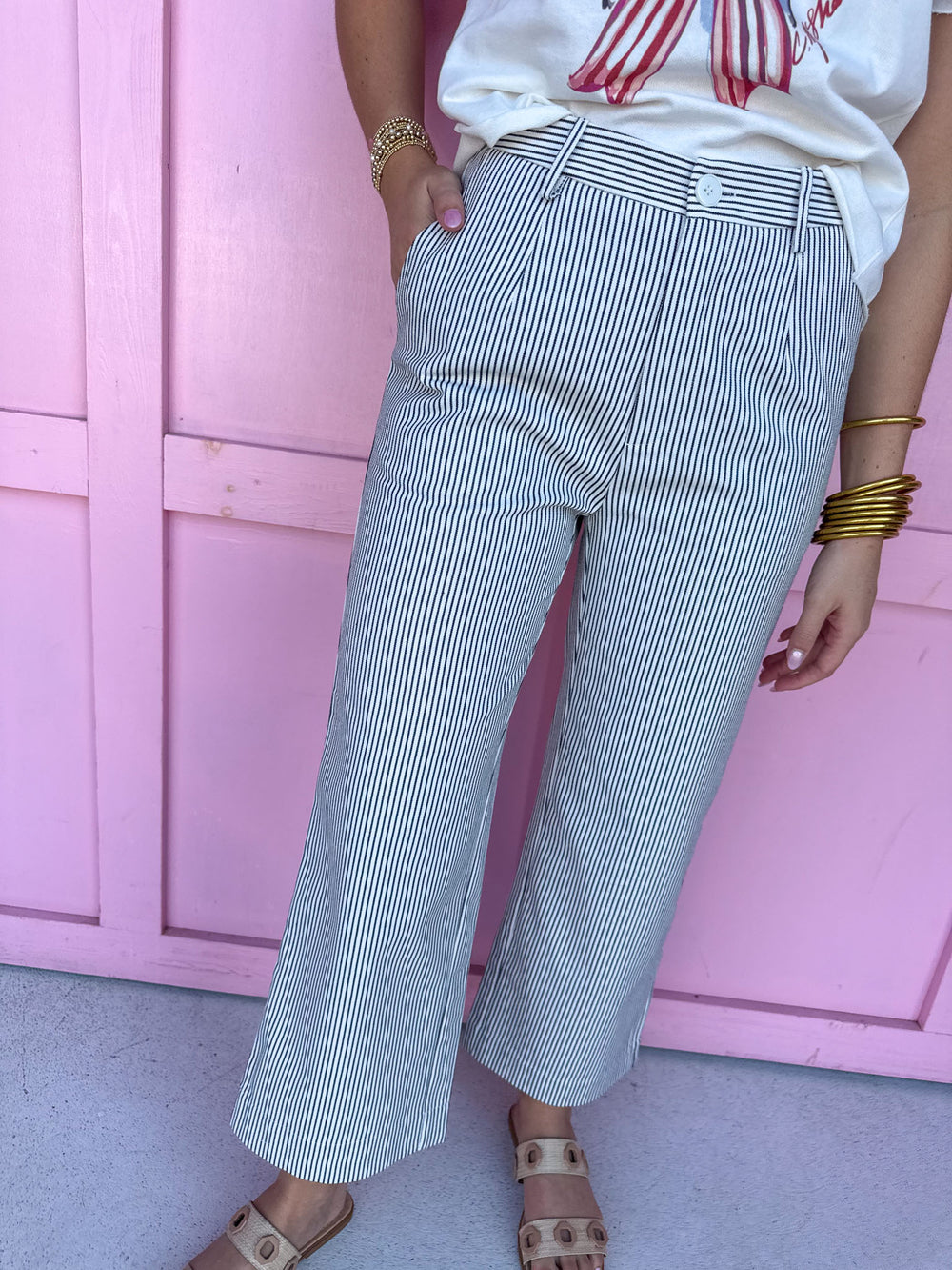 Classic Hickory Stripe Wide Leg Pants - Black
