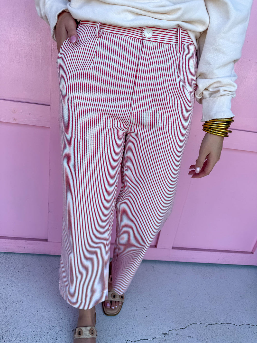 Classic Hickory Stripe Wide Leg Pants - Red