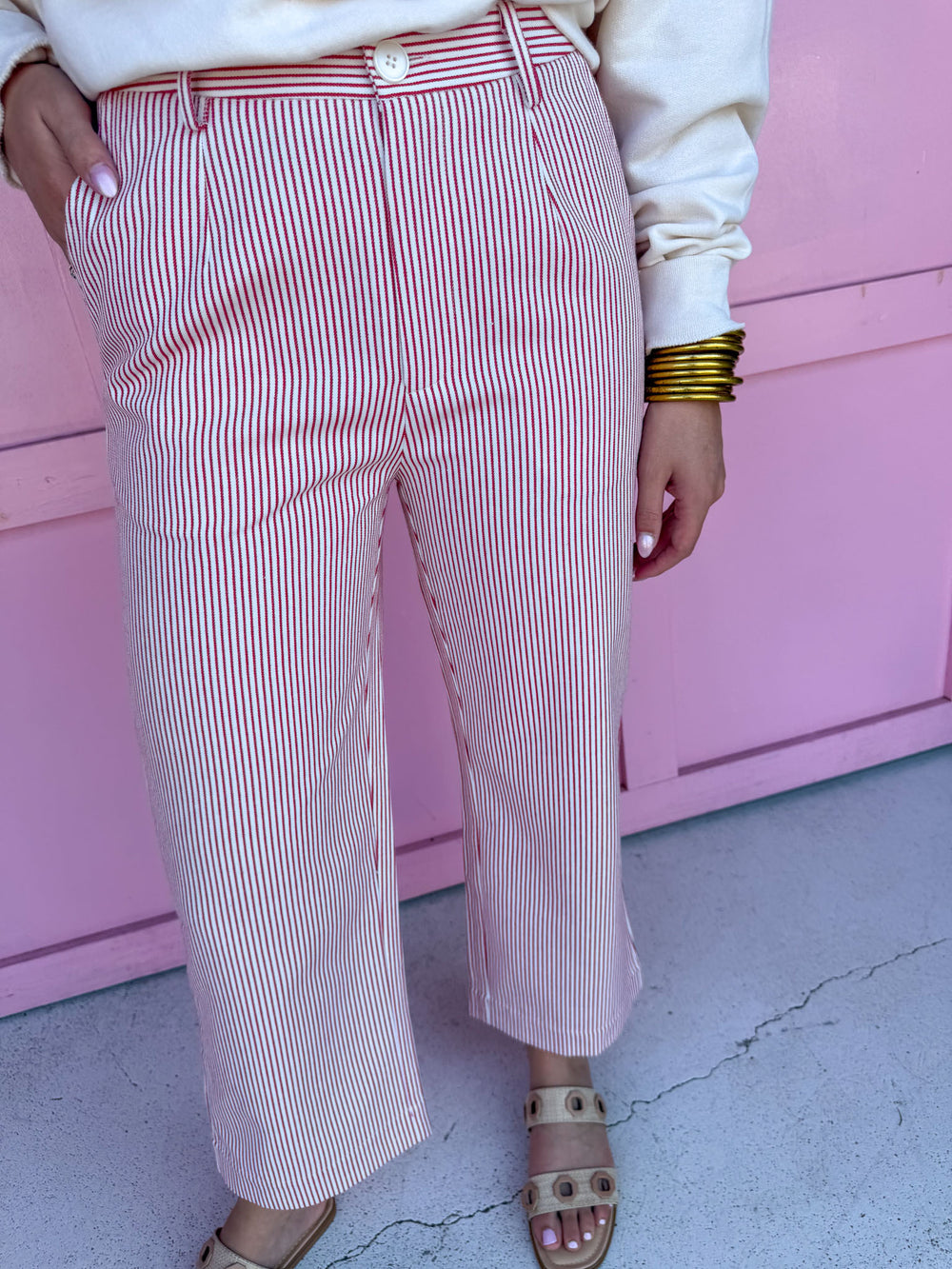 Classic Hickory Stripe Wide Leg Pants - Red