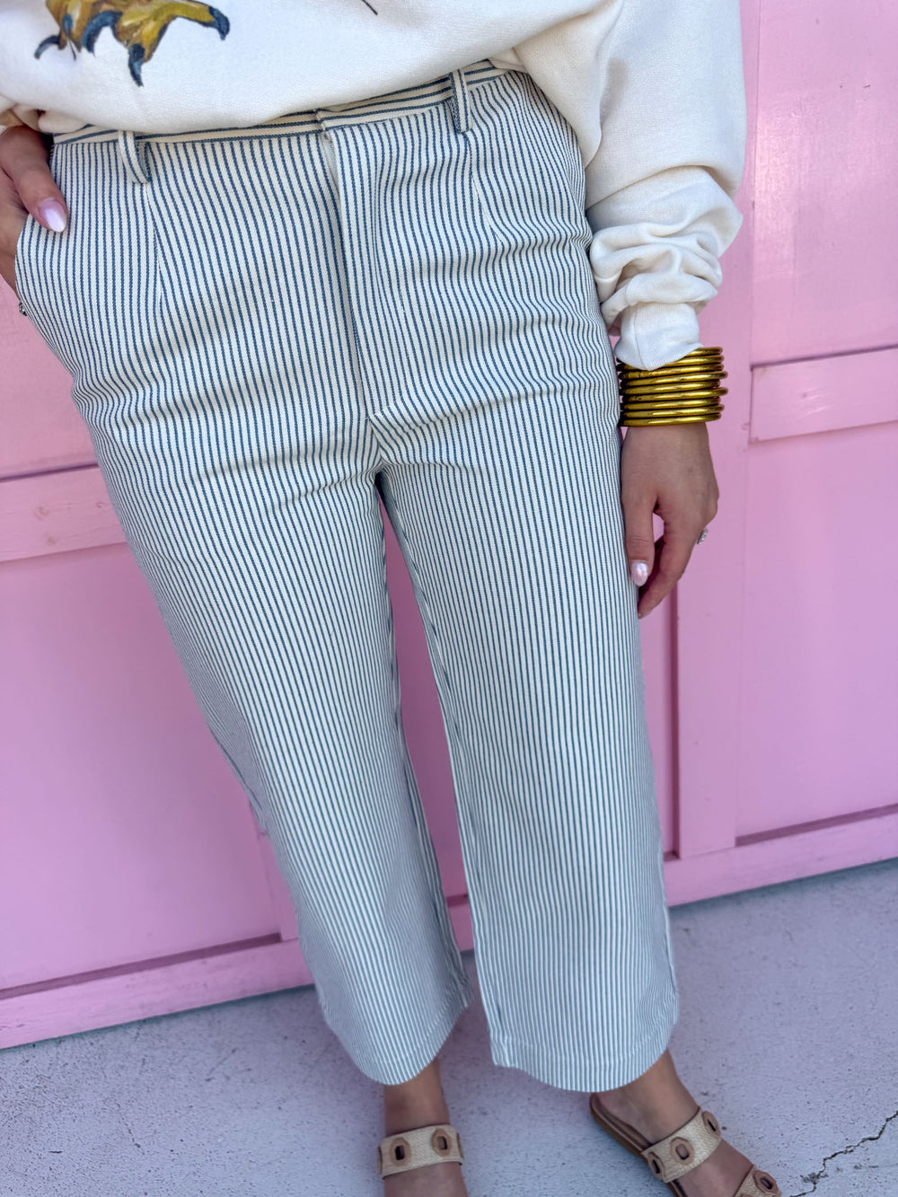 Classic Hickory Stripe Wide Leg Pants - Denim