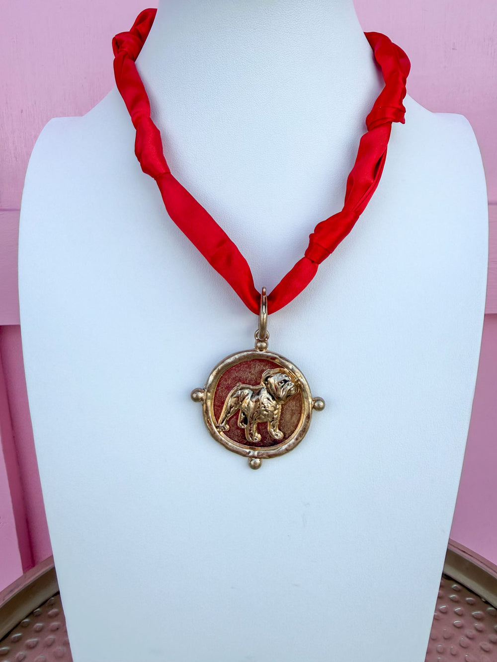 Standing Bulldog Scarf Necklace - Red