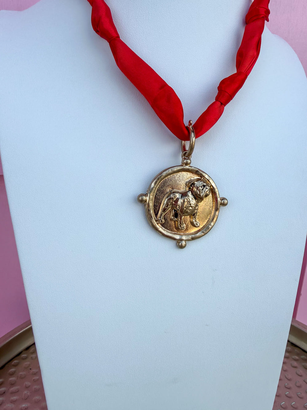 Standing Bulldog Scarf Necklace - Red