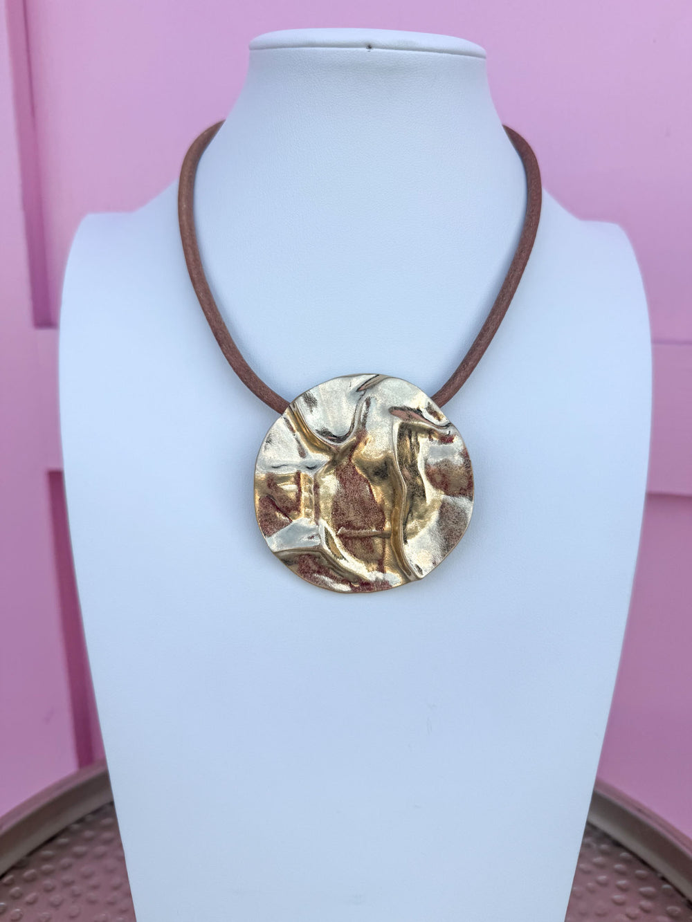 Textured Gold Disc Cord Necklace - Tan