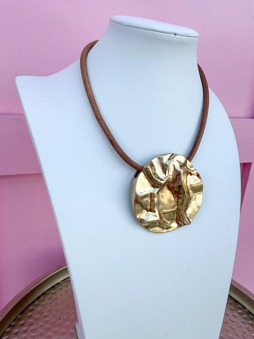 Textured Gold Disc Cord Necklace - Tan