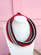 Multi Strand Slub Rope Necklace - Red/Black/Silver