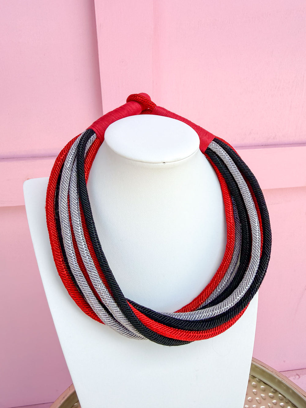 Multi Strand Slub Rope Necklace - Red/Black/Silver
