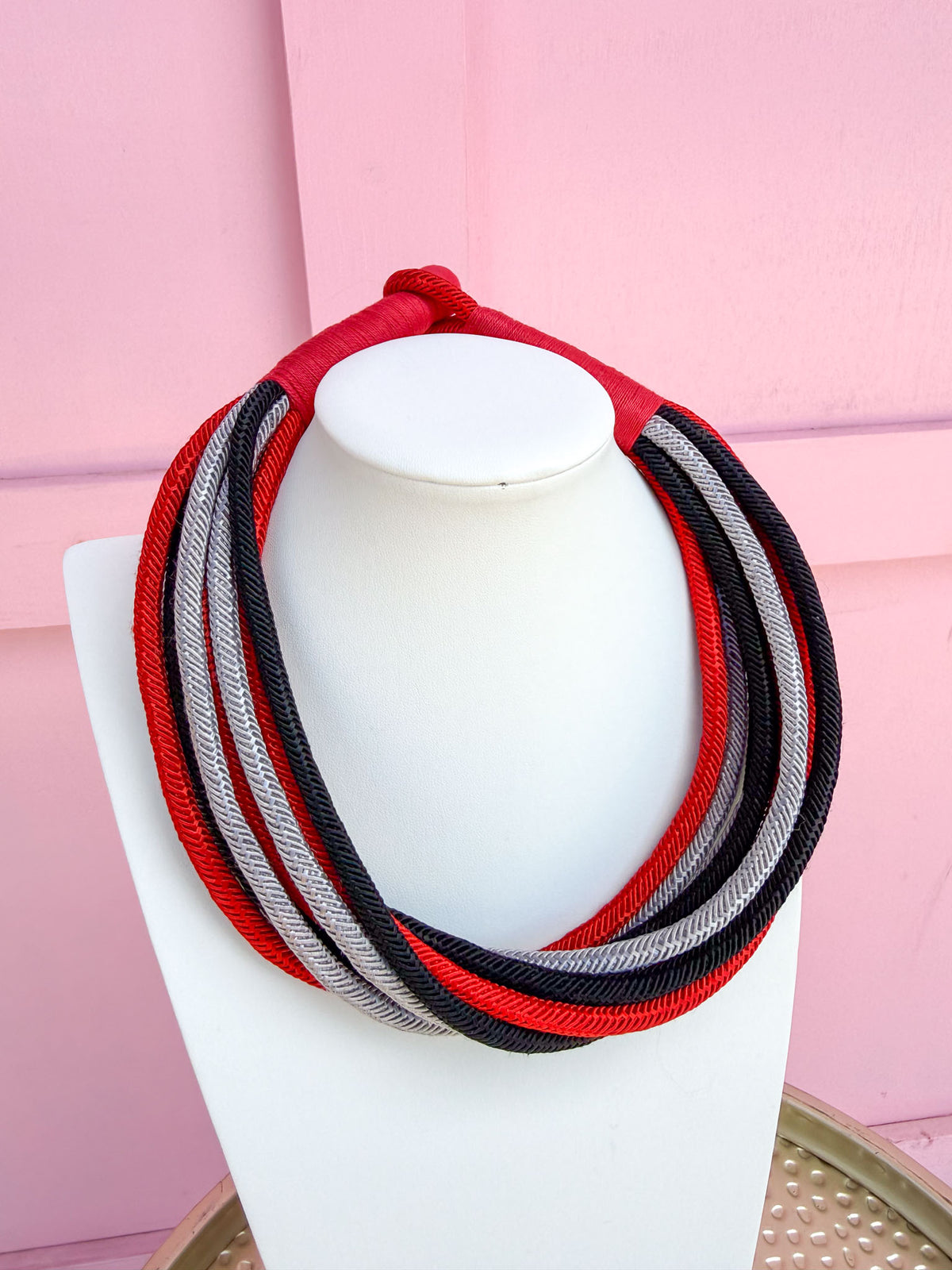 Multi Strand Slub Rope Necklace - Red/Black/Silver