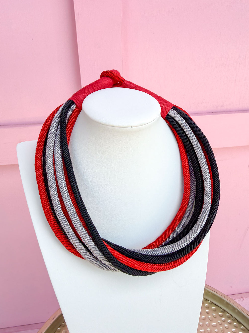 Multi Strand Slub Rope Necklace - Red/Black/Silver