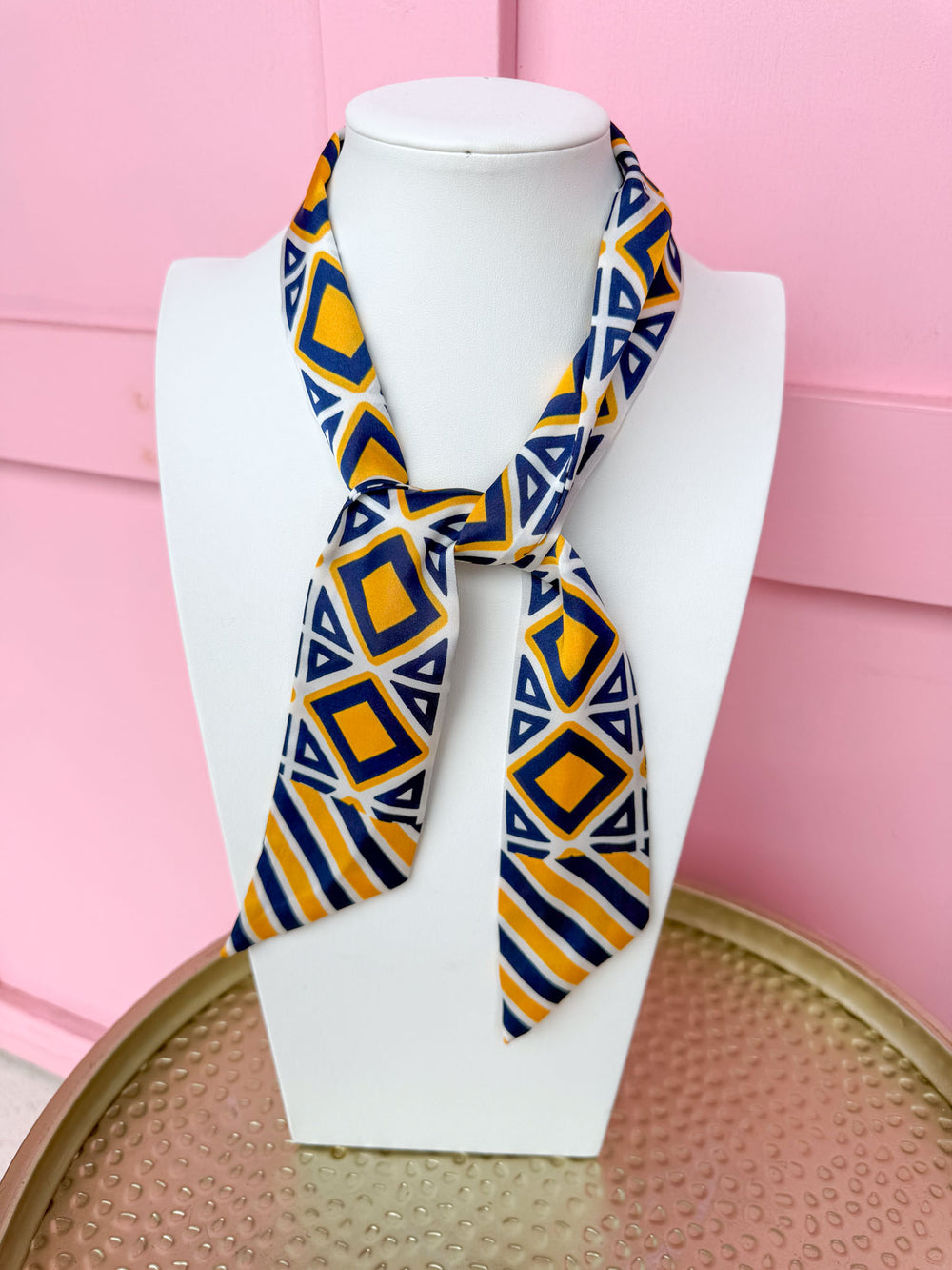 Caroline Hill | Barrett Tile Skinny Scarf - Navy/Gold
